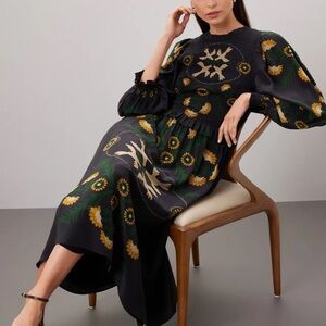 Sea New York Perle Print Smocked Charcoal Ruffle-Neck Silk Dress